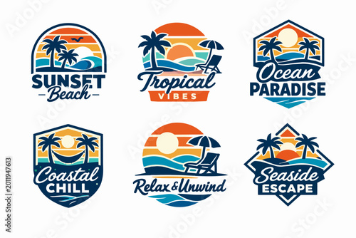 Collection of tropical beach vacation typography logos