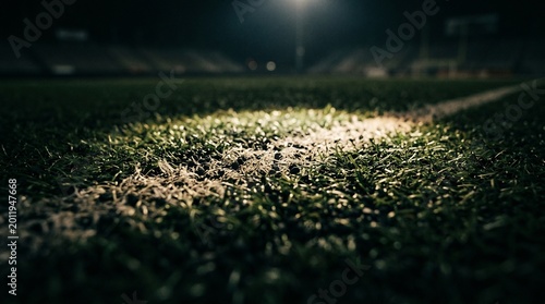 Linha de campo de futebol à noite sob holofotes.