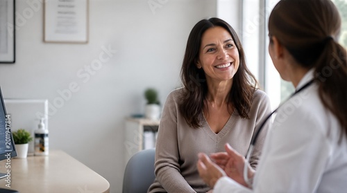 Smiling woman consulting with female doctor about health