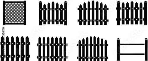 Schilderij op canvas Set of black picket fence silhouette icons and vector symbols featuring various pointed wooden gate designs
