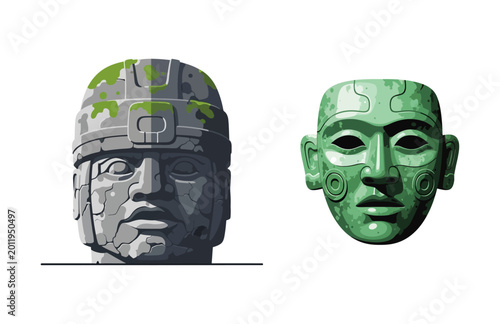 Photography Captivating vector art displaying ancient stone colossal head and intricate gree