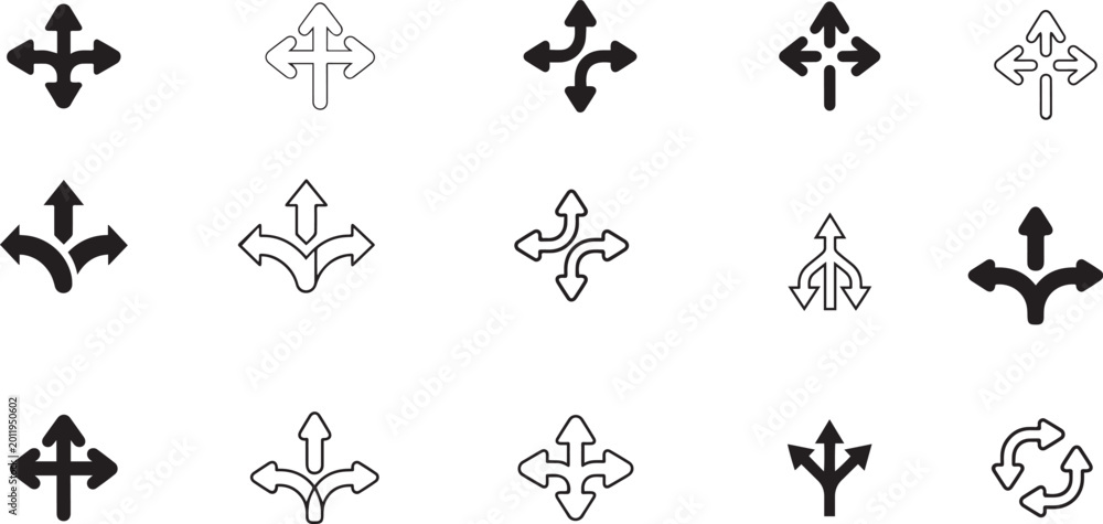 Fototapeta premium Directional arrow icon set navigation symbols in multiple directions solid and outline styles for interface design