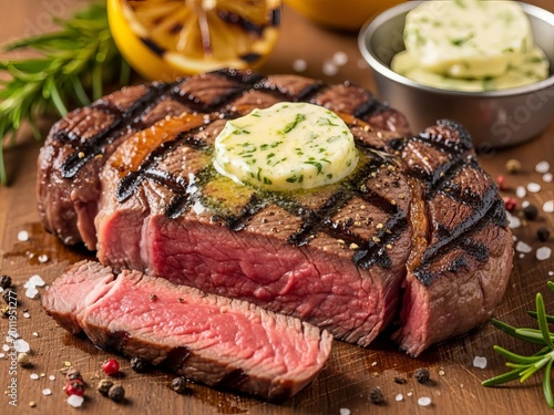 A perfectly grilled medium-rare steak with compound butter on a wooden board