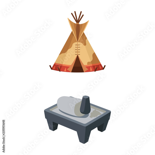 Foto Vector Illustration of Traditional Indigenous Teepee and Metate Grinding Stone I