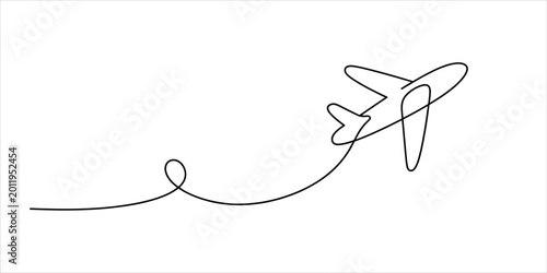 Simple one line drawing of a flying airplane with a continuous trail path showing travel and movement for air transport and aviation design Vector, illustration