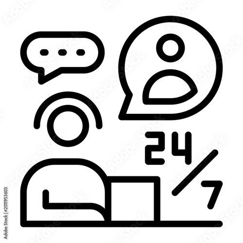 Icono de atención al cliente 24 horas. Representa soporte continuo. Incluye comunicación, chat, asistencia, usuario, servicio. Ilustración vectorial