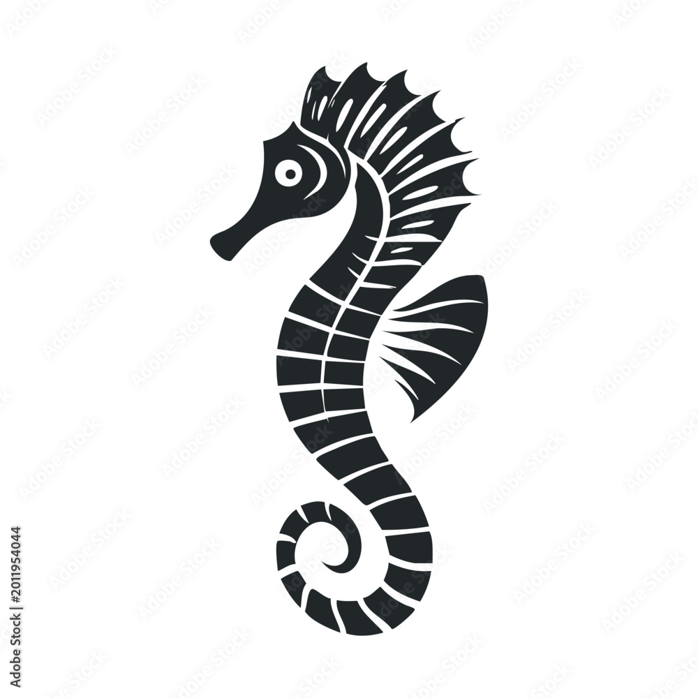 Fototapeta premium Stylized black seahorse illustration captures the elegant form of this unique marine creature, perfect for ocean-themed designs and aquatic concepts.