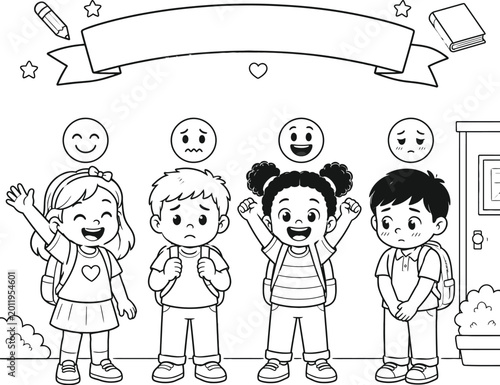 School children showing different emotions coloring page with emoji symbols