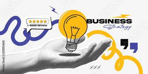 Business strategy concept with glowing lightbulb over halftone hand and five star rating icon for marketing success.