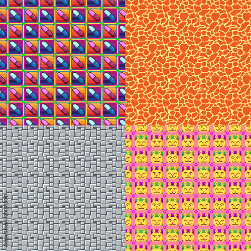 Set of 4 seamless pixel art patterns: retro medical pills, orange organic cells, gray stone bricks, and cute yellow cat characters. Ideal for gaming backgrounds and 8-bit style designs.