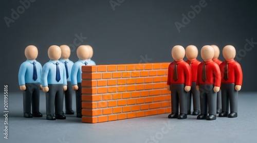 Two opposing teams of office workers separated by an orange brick wall representing workplace polarization.