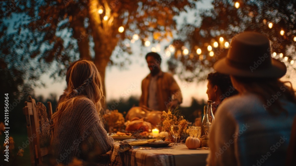 Fototapeta premium Cozy Thanksgiving picnic in a park at dusk, captured from a low dynamic angle. A family of four gathers around a lightly decorated outdoor table with just a couple