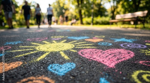 Playful doodles of sun, hearts, and flowers drawn in chalk on asphalt.