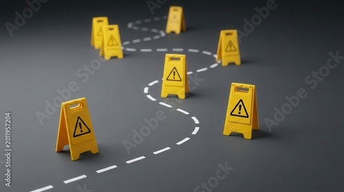 Yellow warning signs placed along a winding path to represent navigating a risky area with caution.