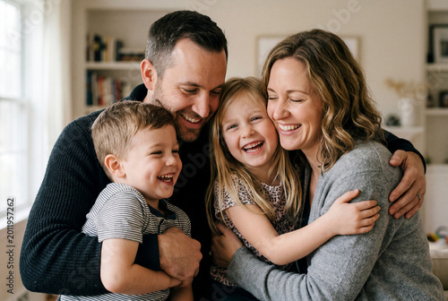 Happy family laughing and hugging in warm home