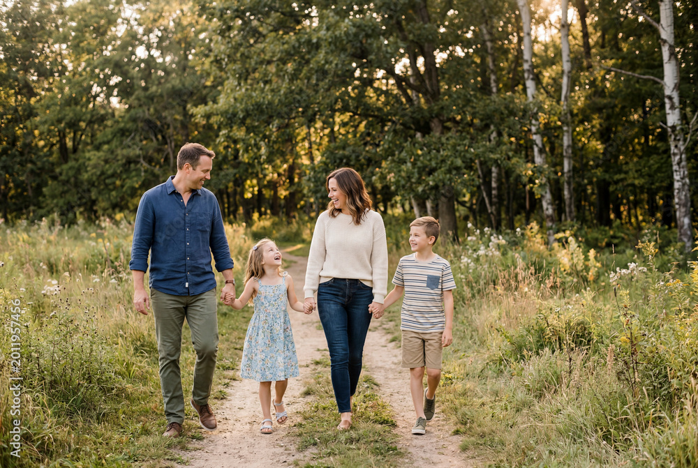 Fototapeta premium Family walking together on path in sunny park