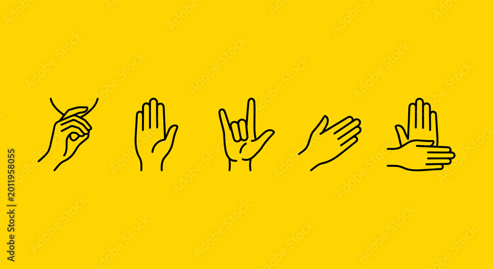 Fototapeta premium Five distinct hand gestures illustrated in a minimalist line art style isolated against a bright and solid yellow background color