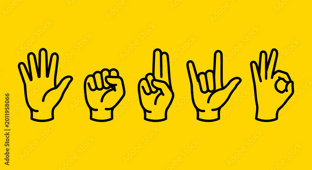Fototapeta premium Multiple hand gestures showing various signs and communication signals isolated on a bright yellow background for creative design project use