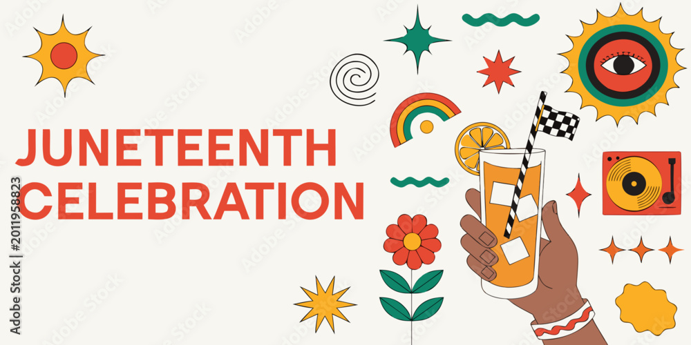 Fototapeta premium Juneteenth celebration graphic displays a hand holding a refreshing drink alongside iconic symbols of freedom and joy.