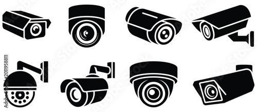Security camera and CCTV surveillance icon set, video monitoring equipment symbols, modern flat vector illustration collection for home security systems, public surveillance, and digital monitoring 