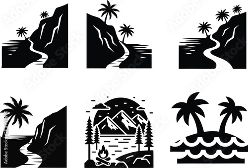 Foto Tropical beach and mountain scenery silhouette collection with palm trees tropic