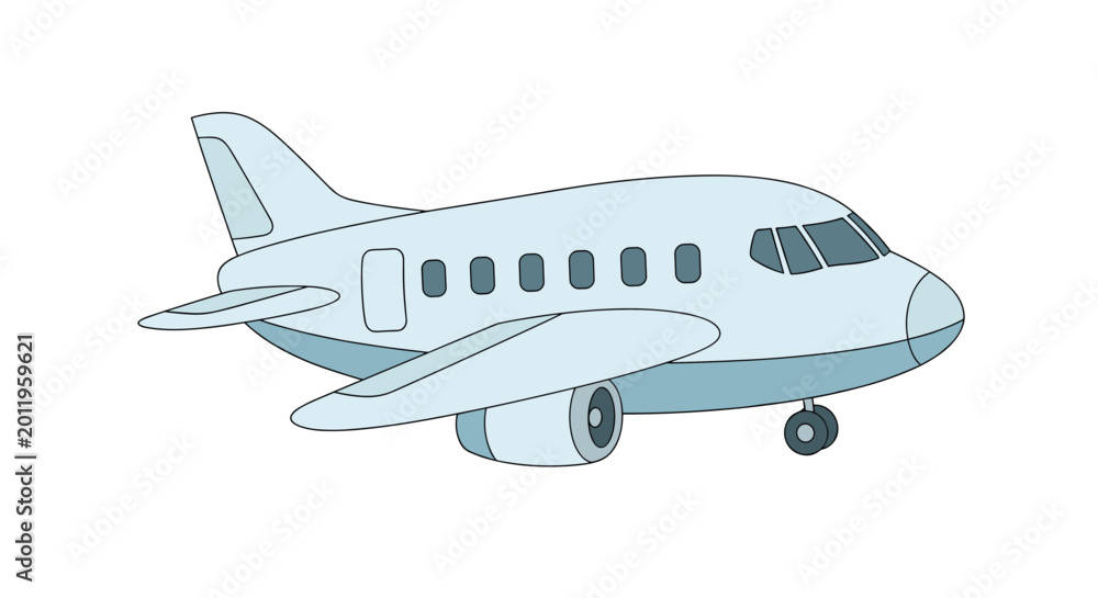 Fototapeta premium Small white private jet airplane flies through the air with its engines and landing gear visible for an aviation and travel business theme.