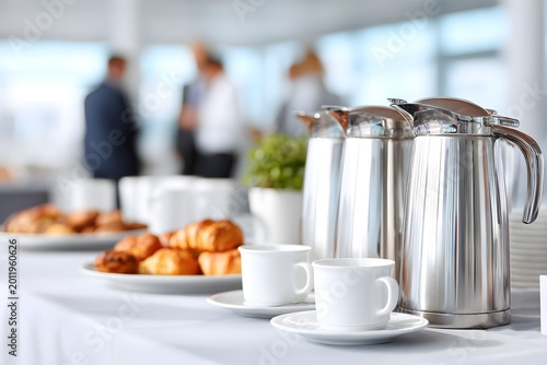 Conference attendees enjoy coffee and pastries at a coffee break setup