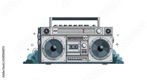 Detailed illustration of a vintage silver boombox with large speakers and cassette player on a background with stylized plants and blue shapes.