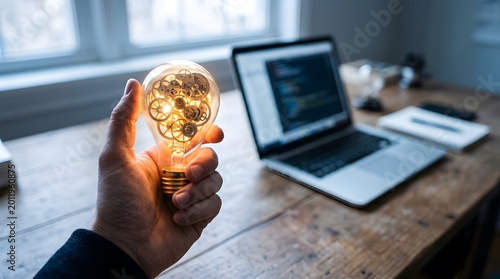 Hand holding a glowing light bulb with intricate internal clockwork gears on a wooden desk