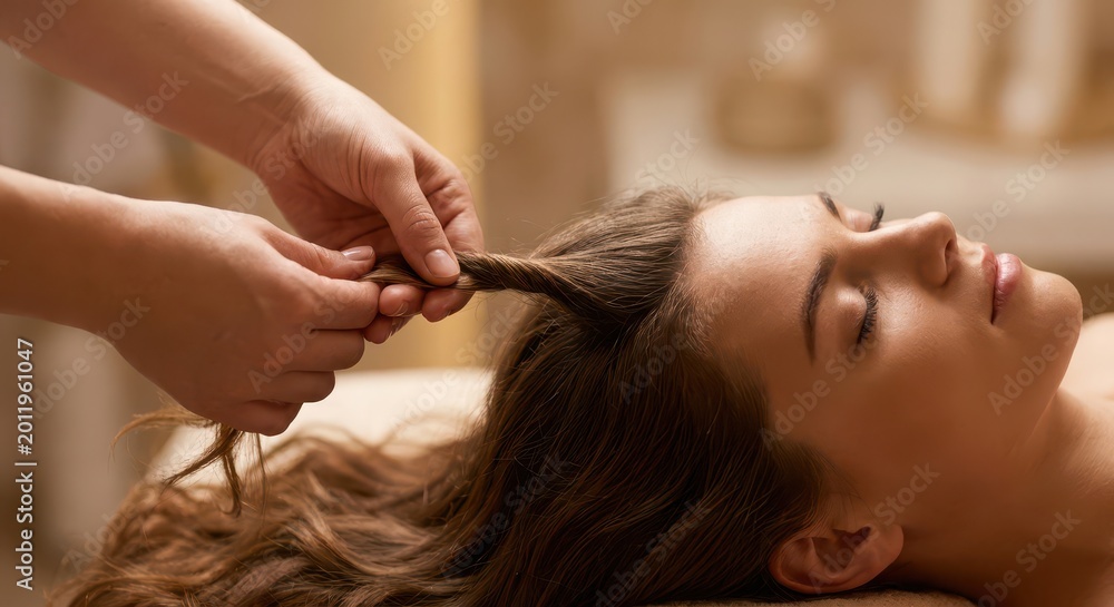 Naklejka premium Close-up of a spa professional gently braiding the hair of a relaxed woman with closed eyes.