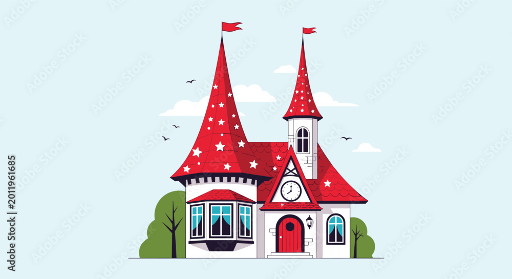 Fototapeta premium Whimsical house illustration with tall red star-patterned towers and a circular clock face on a light blue sky background.