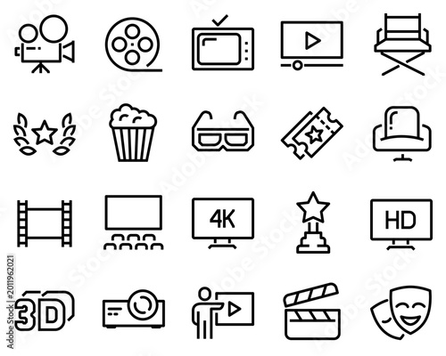 A simple set of cinema-related vector line icons. Contains icons such as a movie theater, TV, popcorn, video clip, and more.