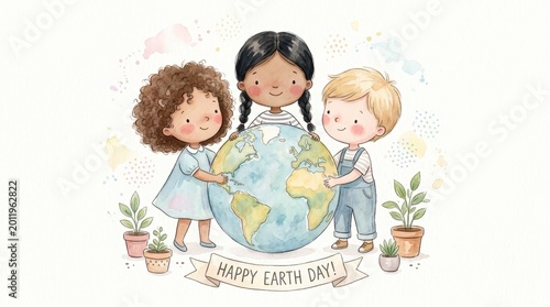 Children with a globe. Watercolor illustration. Three children stand around the planet Earth with plants and the inscription Earth Day.