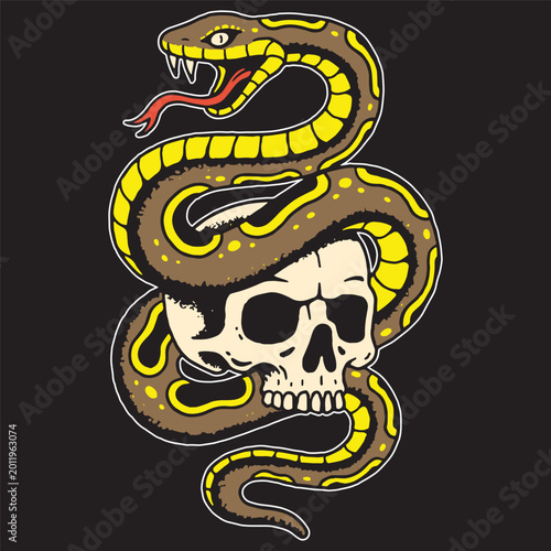 SNAKE WITH SKULL TATTOO COLOR BLACK BACKGROUND