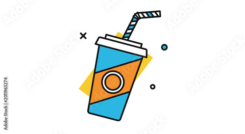Refreshing soda drink cup with a striped straw features blue and orange geometric patterns on its label for a fast food beverage design.