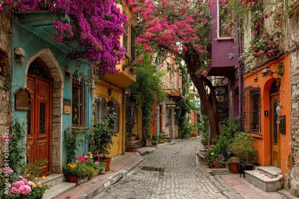 Fototapeta premium Charming cobblestone alley with vibrant flowers and colorful buildings
