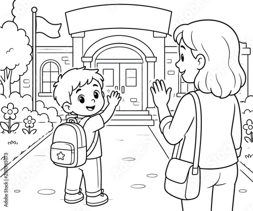 Coloring page of child waving goodbye to parent at school entrance