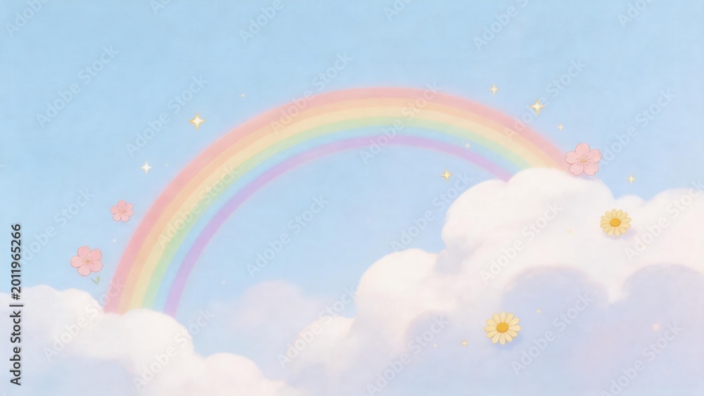 Obraz premium Rainbow in sky with clouds flowers