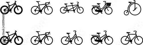 Foto Set of Minimalist Bicycle Black Silhouette Icons Featuring Mountain Road Tandem