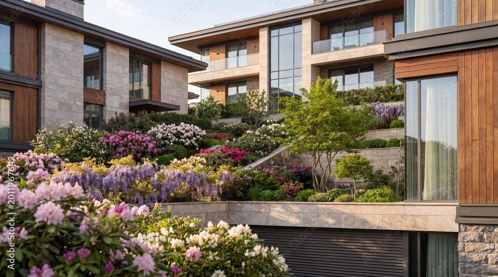 Fototapeta premium Business class apartments with landscaping on the terraces, a new hotel, a hotel complex with beautiful architecture