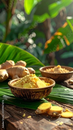 Assorted turmeric and spice powders in bowls on banana leaves.