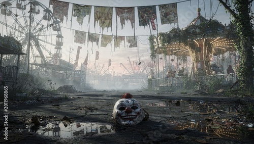 Abandoned Haunted Carnival with Creepy Clown Mask, Broken Rides, Foggy Midway, and Eerie Post Apocalyptic Atmosphere