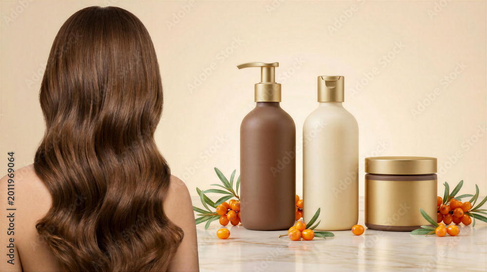 Fototapeta premium Sea buckthorn shampoo, conditioner and mask beside glossy long hair. Ideal for salon promos, haircare product pages, beauty posts and package previews.
