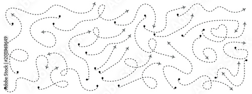 Photography set of Route location icon, Airplane with curved dotted flig two-pin sign and dotted line
