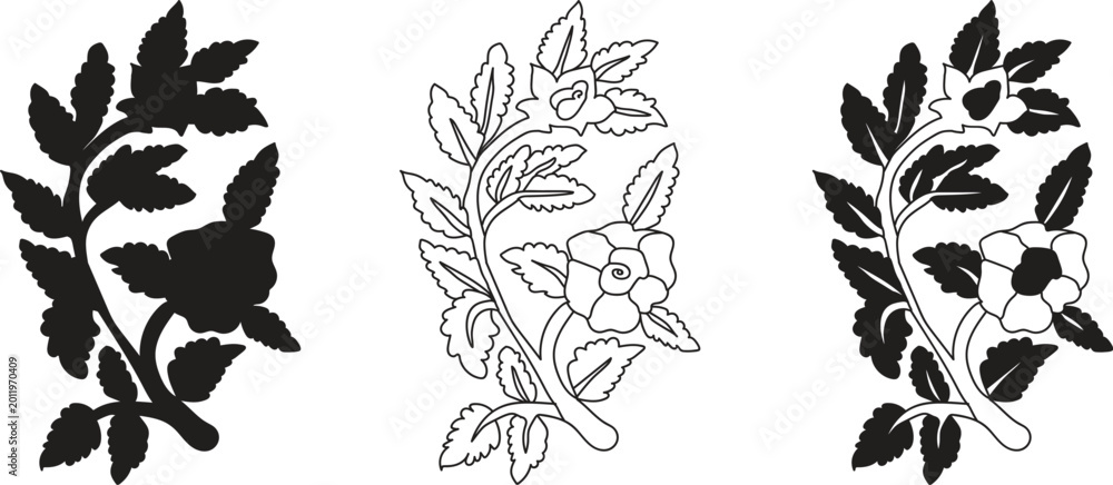 Fototapeta premium Floral pattern set featuring decorative vintage botanical elements with leaf motifs and rose blooming.