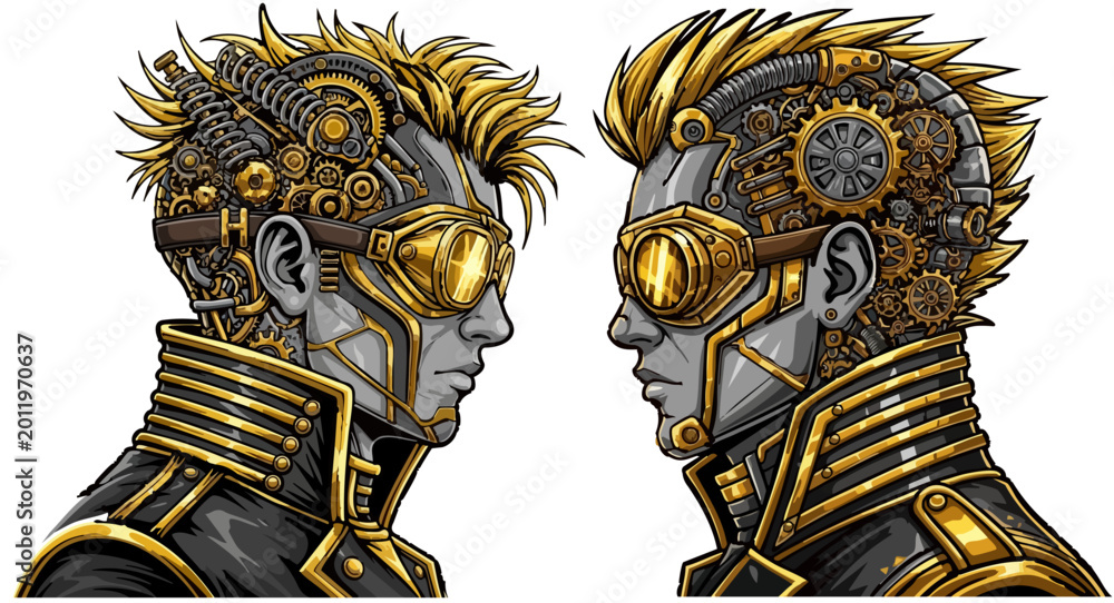 Fototapeta premium Steampunk cyborg man profile vector, futuristic mechanical robot head with gold gears and goggles, sci-fi character illustration for gaming and posters