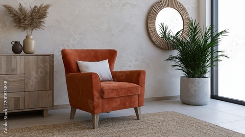 Ethnic style living room featuring a modern wooden commode and a large round mirror in neutral tones.