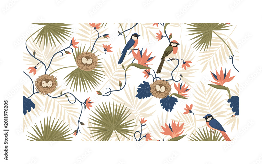 Obraz premium Tropical botanical elements with birds nests and eggs, seamless pattern, repeating pattern, surface design, textile print, soft color palette, modern