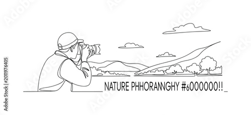 NATURE PHOTOGRAPHY SCENE. Minimalistic one-line drawing a photographer aiming a camera toward landscape elements under open sky, continuous single black line