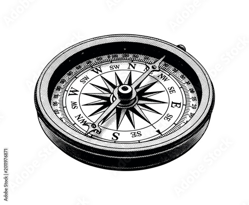 An antique nautical compass with finely engraved markings and ornate directional needle, symbolic navigation object, black and white halftone illustration,